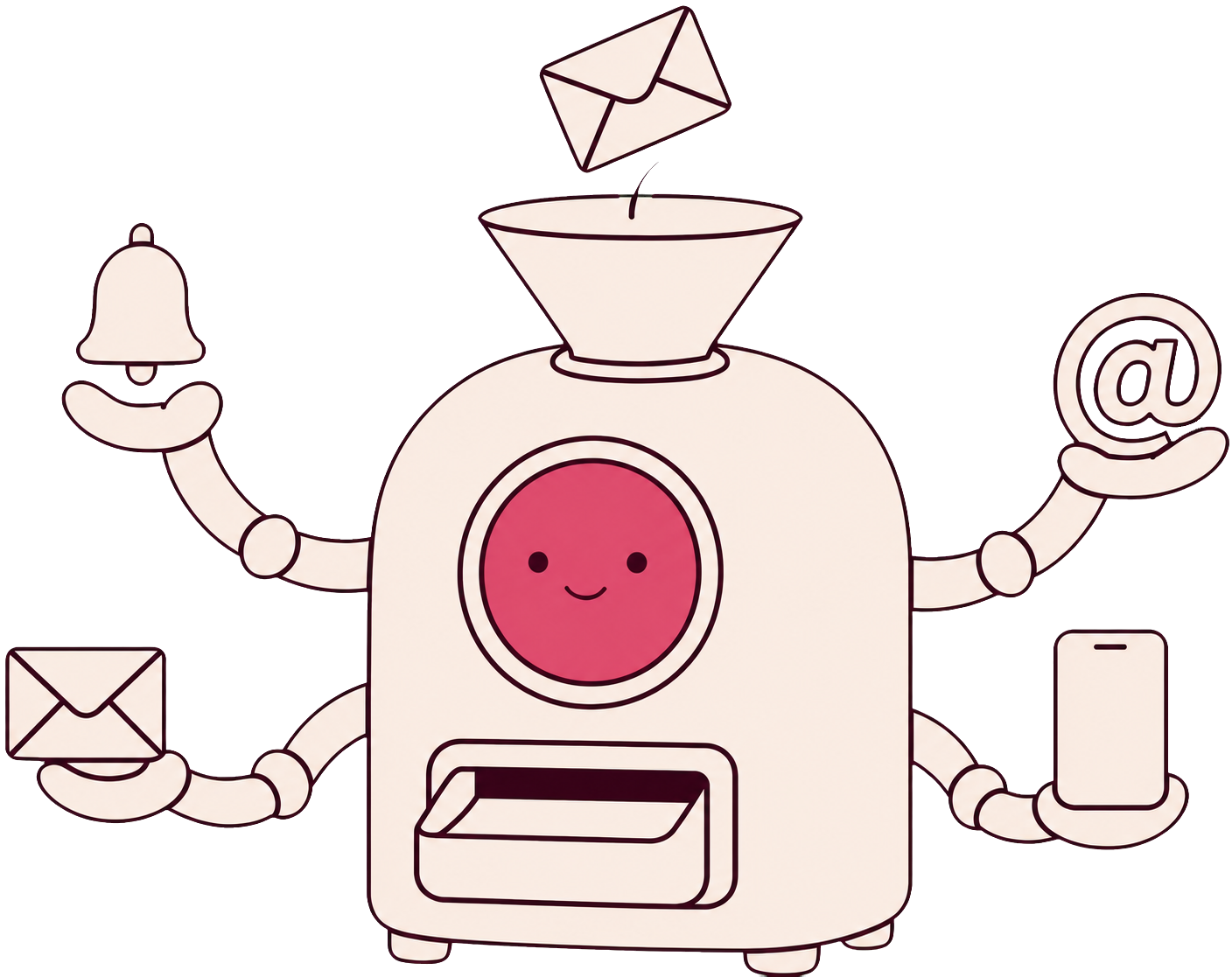 Line-art outbox machine accepting a message and presenting four delivery channel symbols